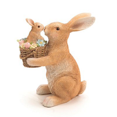 Coelho Decorativo de Resina com Filhote no Cesto de Flores 16x14x8cm - Coleção Ternura - Ref 1014289 Cromus
