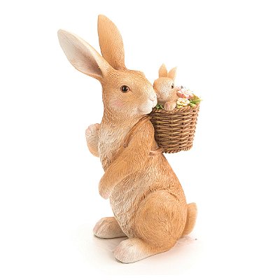Coelho Decorativo de Resina com Filhote no Cesto de Flores nas Costas 20x11x8cm - Coleção Ternura - Ref 1014290 Cromus