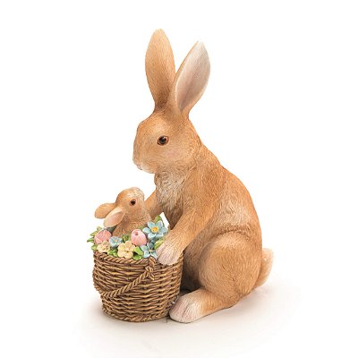 Coelho Decorativo de Resina com Filhote no Cesto de Flores na Frente 19x13x8cm - Coleção Ternura - Ref 1014294 Cromus