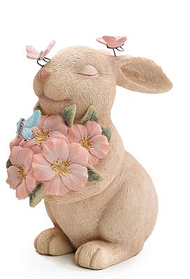 Coelho de Resina Sentado com Flores e Borboletas Rosa 20x10x13cm - Coleção Ternura 1014844R Cromus
