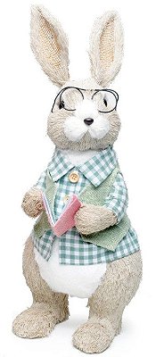 Coelho Decorativo de Palha Italiana Com Colete Xadrez Seguarando Livro 50cm - Coleção Pistache - Ref 1010222 Cromus