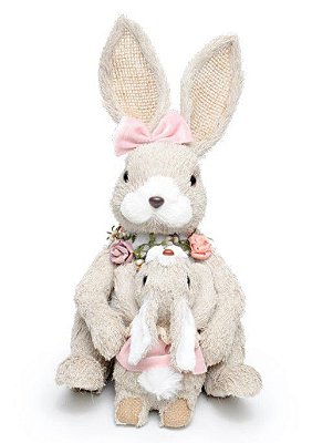 Coelha Decorativa de Palha Italiana Abraçando Filha 34x17x22cm - Coleção Pistache - Ref 1010205 Cromus