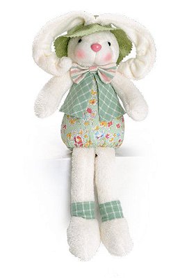 Coelho Decorativo Sentado com Roupa Floral Verde e Orelha Enrolada 30x7cm - Coleção Pistache - Ref 1621133 Cromus