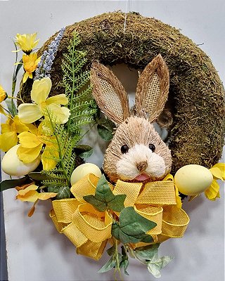 Guirlanda Decorativa de Páscoa Musgo com Cabeça de Coelho de Palha com Flores 30x30cm - Cromus