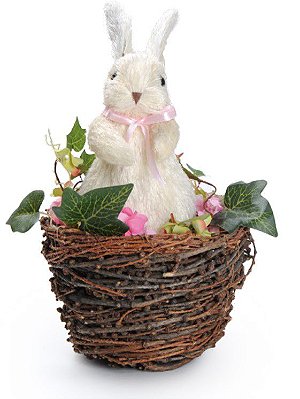 Coelho de Palha Sentado no Ninho com Flores 26x16cm - Coleção Madeleine - Ref 1620026 Cromus