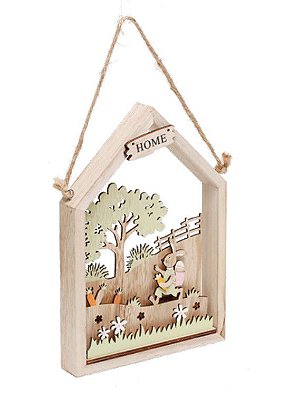 Casa Decorativa de Madeira com Coelho e Árvores 25x20cm - Coleção Bright - Ref 1827332 Cromus