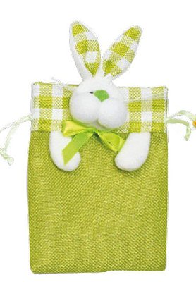 Bolsinha de Páscoa de Juta Verde com Coelho Xadrez 14x10cm - Ref 1721150V Cromus