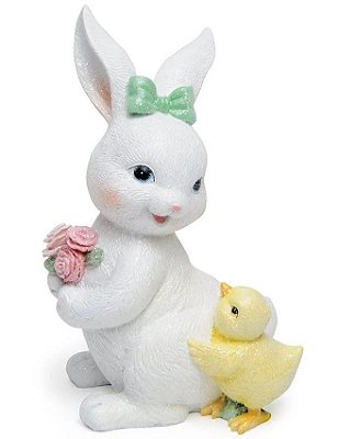 Coelha de Resina Branco Segurando Flores e Pintinho 25x16x13cm - Coleção Collor Baby