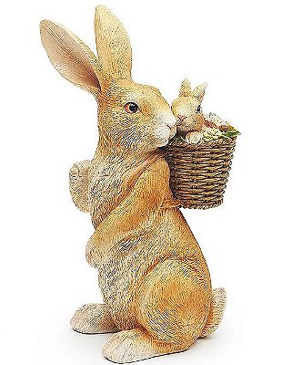 Coelho Decorativo de Resina com Cesta de Flores e Filhote nas Costas 20x12.5cm - Coleção Primavera - Ref 1014755 Cromus