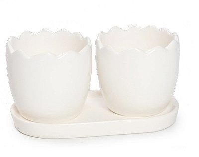 Cachepot Duplo Meio Ovo com Suporte de Cerâmica Branco 7x15x8cm - Coleção Confeitos - Ref 1821261 Páscoa Cromus