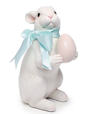 Coelho de Resina Branco com Glitter e Laço no Pescoço Segurando Ovo 25x10x15cm - Coleç!ao Sophi - Ref 1827129 Cromus