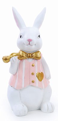 Coelho Decorativo de Resina com Colete Rosa e Dourado e Cachimbo 26x14.5cm - Coleção Petit Sweet - Ref 1018695 Cromus