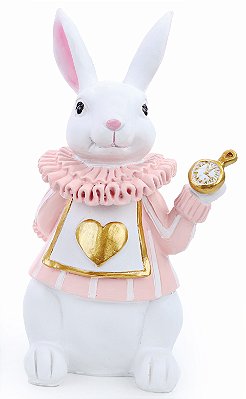 Coelho Decorativo de Resina com Colete Rosa e Dourado e Relógio 26x14.5cm - Coleção Petit Sweet - Ref 1018695R Cromus