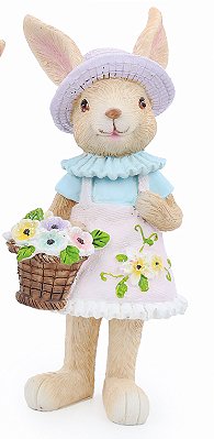 Coelha de Resina com Chapéu Rosa e Cesta de Flores 21x11x9cm - Coleção Petit Sweet - Ref 1018698F Cromus
