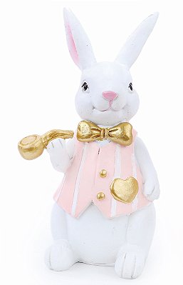 Coelho Decorativo de Resina com Colete Rosa e Dourado e Cachimbo 15.5x9cm - Coleção Petit Sweet - Ref 1018696 Cromus