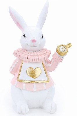 Coelho Decorativo de Resina com Colete Rosa e Dourado e Relógio 15.5x9cm - Coleção Petit Sweet - Ref 1018696R Cromus