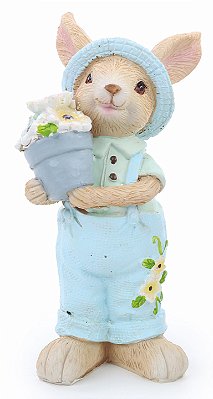 Coelho de Resina com Chapéu Azul e Balde de Flores 15x7x6cm - Coleção Petit Sweet - Ref 1018699 Cromus