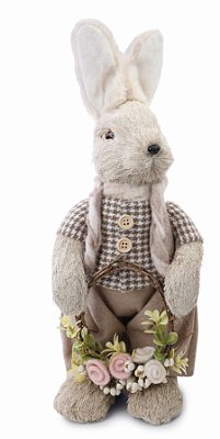 Coelho de Palha Italiana e Pelúcia com Roupa Xadrez Segurando Guirlanda de Flores 40x15x17cm - Coleção Fazendinha - Ref 1016009 Cromus