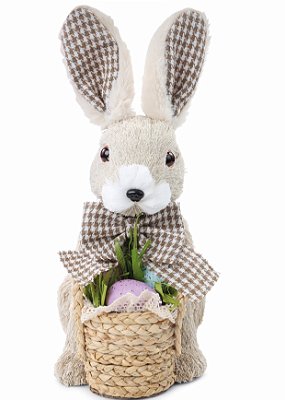Coelho De Palha Italiana Sentado com Laço Xadrez Segurando Cesta 33x15x21cm - Coleção Fazendinha - Ref 1016007 Cromus