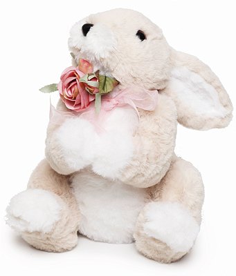 Coelho de Pelúcia Rigido Sentado com Flores no Pescoço 25x15x20cm - Coleção Pão de Ló - Ref 1826554 Cromus