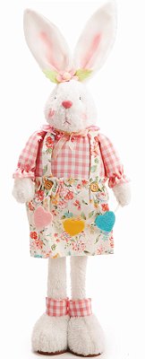 Coelha Decorativa em Pé Com Vestido Florido e Cordão de Corações na Mão 60x20x10cm - Coleção Framboesa - Ref 1024214F Cromus