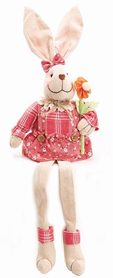 Coelha Decorativa Sentada com Perna Comprida Segurando Flor 60x17x8cm - Coleção Framboesa - Ref 1019114F Cromus