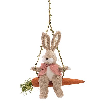 Coelho de Palha Italiana Sentado no Balanço de Cenoura 37x38x13cm - Coleção Banoffee - Ref 1016097 Cromus