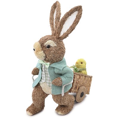 Coelho de Palha Puxando Carriola com Pássaros e Flores 39x16x32cm - Coleção Cannoli - Ref 1015934 Cromus