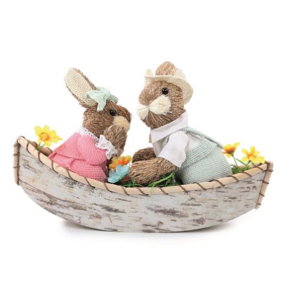 Casal de Coelhos de Palha no Barco 24x33x12cm - Coleção Cannoli - Ref 1024413 Cromus