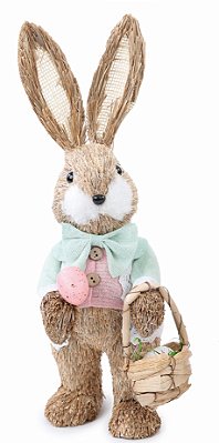 Coelho de Palha em Pé com Paleto Verde Água e Cesta de Ovos 35x14x13cm - Coleção Palmier - Ref 1024411 Cromus
