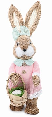 Coelha de Palha em Pé com Vestido Rosa e Cesta de Ovos 35x14x13cm - Coleção Palmier - Ref 1024411F Cromus