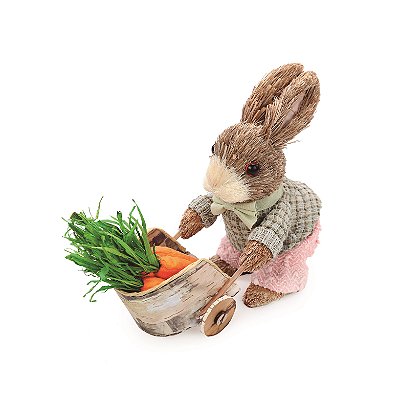 Coelho de Palha com Carriola de Flores 21x11x24cm- Coleção Palmier - Ref 1015925 Cromus