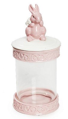 Pote de Vidro e Cerâmica com Tampa Hermética de Coelho Rosa e Branco 27x10x10cm - Coleção Drops - Ref 1820465 Páscoa Cromus