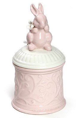 Pote de Cerâmica Trabalhado com Tampa e Coelho Sentado 17x8x8cm - Coleção Drops - Ref 1820471 Cromus