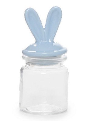 Pote de Vidro com Tampa de Cerâmica Orelhas Coelho Azul Claro 250Ml 12x5x5cm - Ref 1721262 Cromus