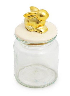 Pote de Vidro com Tampa de Cerâmica e Coelho Dourado 250Ml 14x7x7cm - Ref 1821965 Cromus