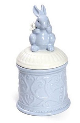 Pote de Cerâmica Trabalhado com Tampa e Coelho Sentado Azul 17x8x8cm - Coleção Drops - Ref 1820473 Cromus