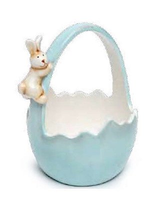 Cestinha de Cerâmica Formato Ovo com Alça e Coelho Azul 15x12.5x11cm - Coleção Coconut - Ref 1014669 Cromus