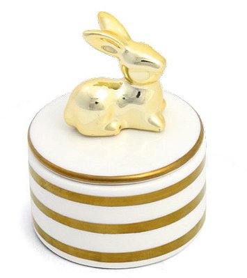 Potinho Porta Joia de Cerâmica Branco e Dourado com Coelho na Tampa 8x7x7cm - Páscoa Dourada - Ref 1821586 Cromus
