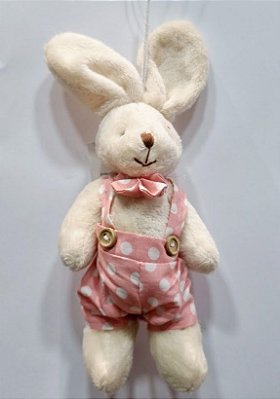 Mini Coelho de Pelúcia Roupa Poá Rosa 20x5x5cm - Ref 1520362 Cromus
