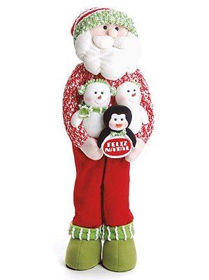 Papai Noel em Pé Segurando Bonecos de Neve e Pinguim 75cm - Coleção Orlando - Ref 1510318 Cromus