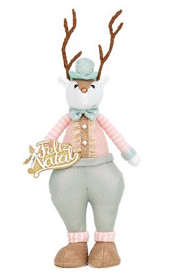 Rena em Pé com Placa Feliz Natal Azul e Rosa 42x14x9cm - Coleção Smash - Ref 1027173 Cromus