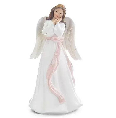 Anjo Decorativo de Resina Branco com Laço Rosa 18x10x10 - Ref 1107677 Cromus