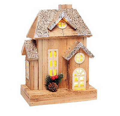 Casa de Madeira com Arranjo de Pinhas e Luz de Led 27x19x12cm - Casinhas - Ref 1017911 Cromus