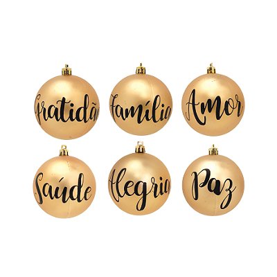 Bolas de Natal Desejos Dourado e Preto 8cm Jogo com 6 Unidades - Ref 1924535 Cromus