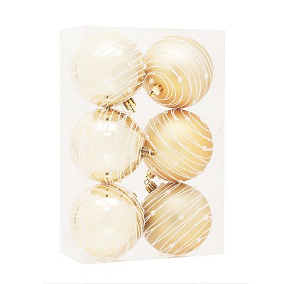 Bolas de Natal Dourada com Riscos e Perolas 8cm Jogo com 6 Unidades - Ref 1921240 Cromus