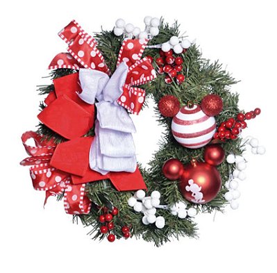 Guirlanda de Natal Decorada 40cm Mickey Branco e Vermelho Bolas e Galhos - Natal Disney - Ref 1990035 Cromus