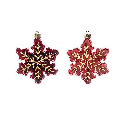 Enfeite de Pendurar Flocos de Neve Vermelho e Dourado 10x10x1cm Jogo com 3 Unidades - Ref 1690343 Cromus