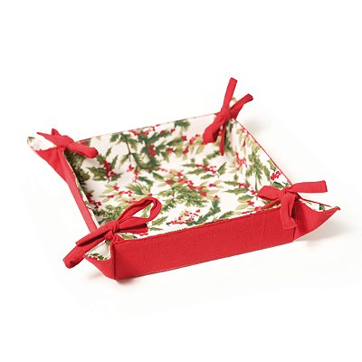 Cesta Para Pães de Natal Azevinho Vermelho e Verde 20x20x5cm - Ref 1360237 Cromus