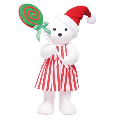 Ursa Branca em Pé com Gorro Noel Segurando Pirulito 40x23x18cm - Coleção Peppermint - Ref 1023703 Cromus